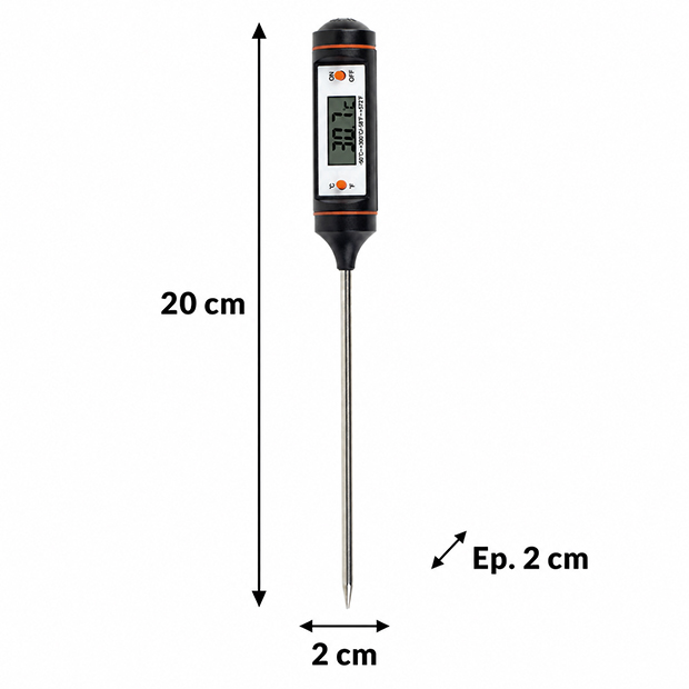 Dimensions du thermomètre digital à sonde inox 20 × 2 × 2 cm – Réf. 1625