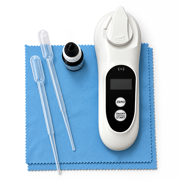Kit du réfractomètre digital STIL 4817 avec deux pipettes, deux lingettes et flacon de calibration vide